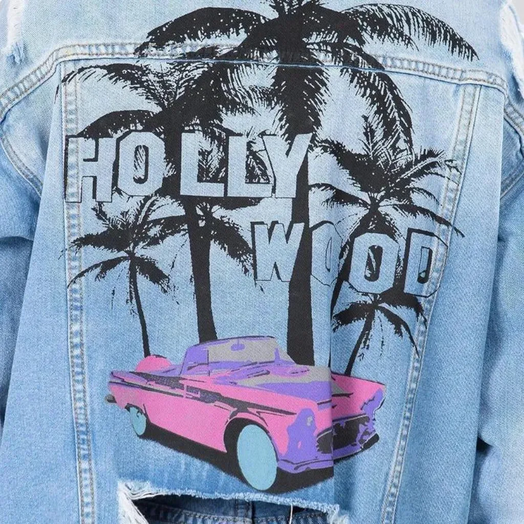 Y2k palms-print denim jacket for ladies