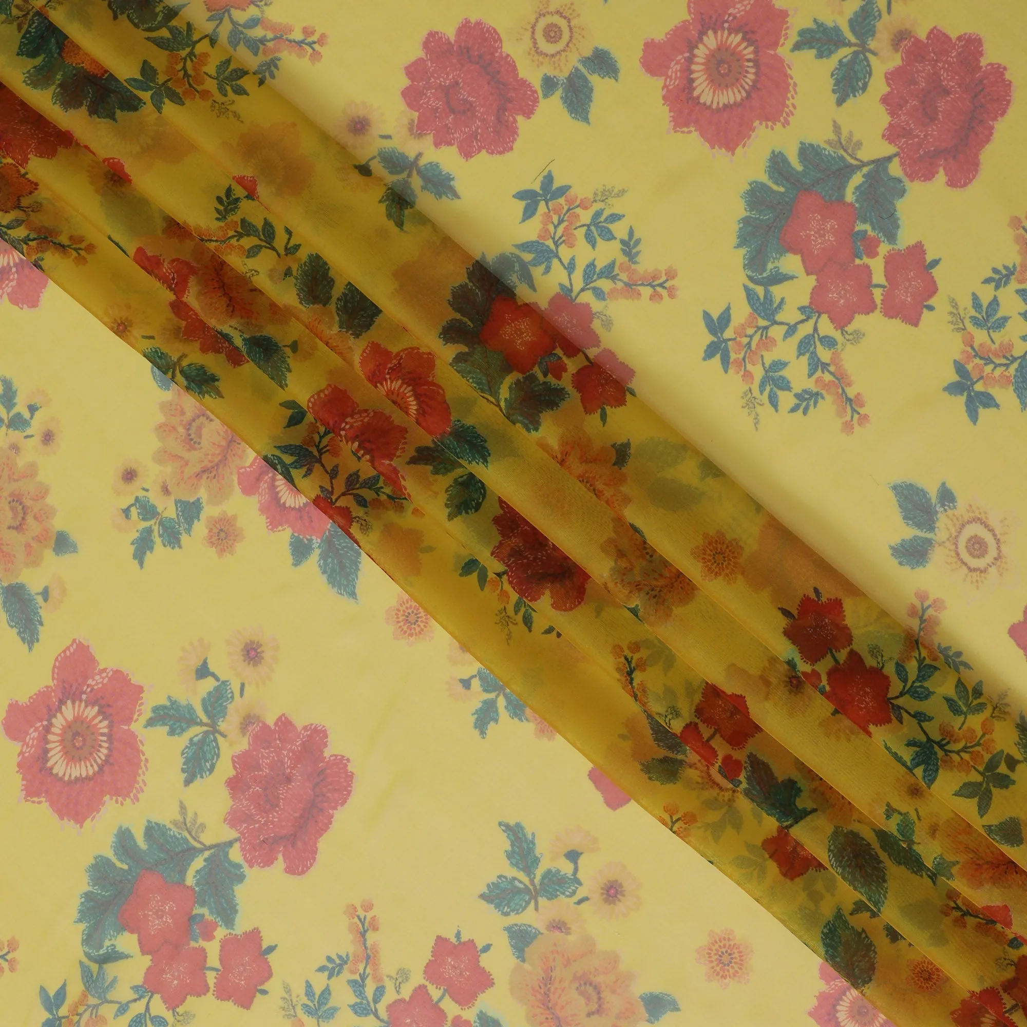 Yellow and Pink Floral Pure Silk Chiffon Fabric, 110 cms, South Korea-D19881